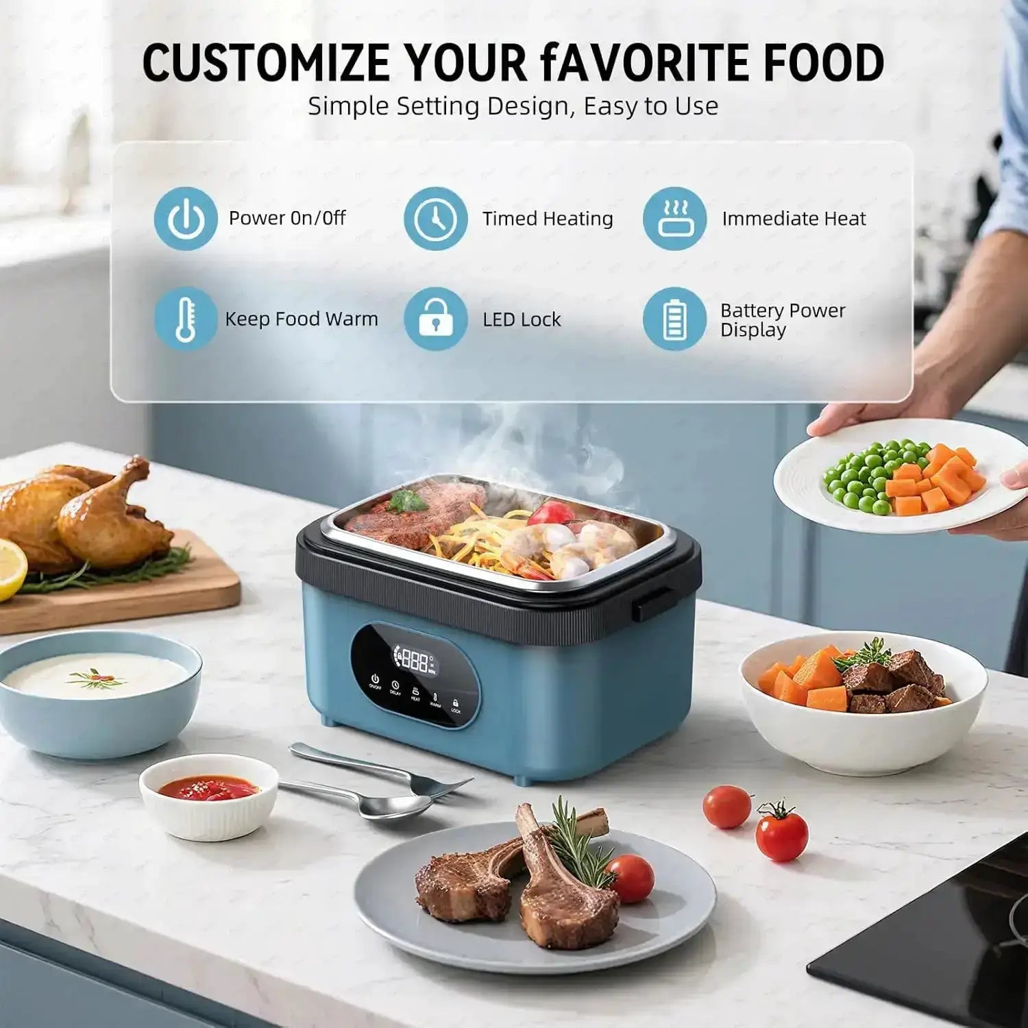 Gison Electric Heated Lunch Box Food Warmer 1.5L60W Outdoor Car Travel Office18000mah battery Portable No water fast heating Box from PriceLows™