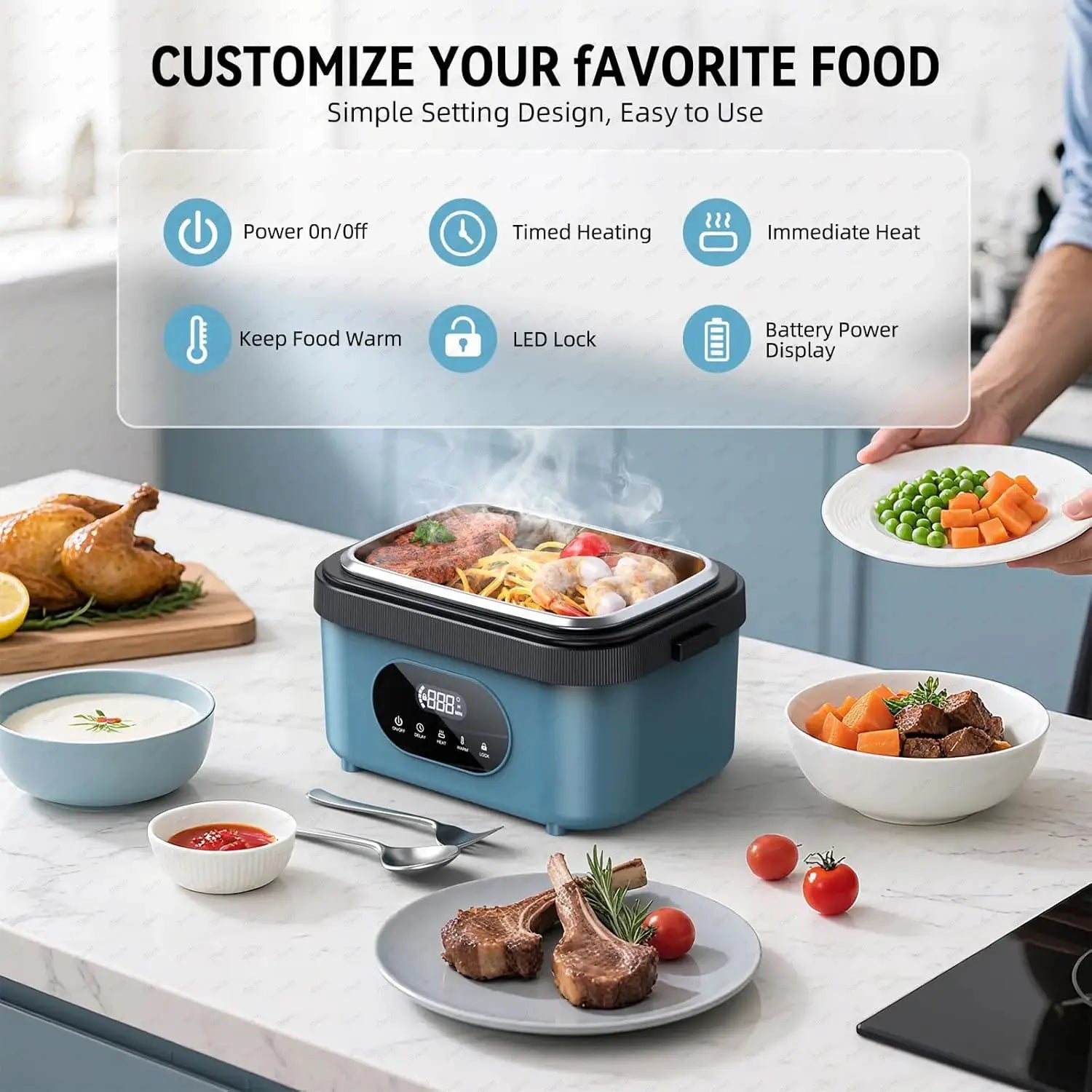 Gison Electric Heated Lunch Box Food Warmer 1.5L60W Outdoor Car Travel Office18000mah battery Portable No water fast heating Box from PriceLows™