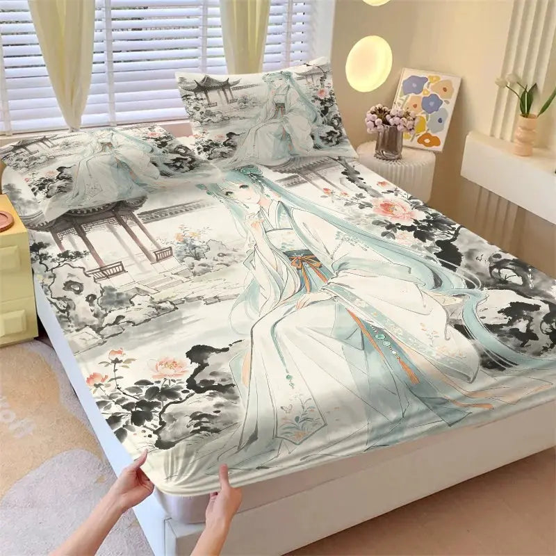 3Pcs Hatsune Miku Hanfu Style Fitted Sheet Set Ink Wash Anime Bed Cover with Pillowcases Deep Pocket Teens Fans Room Decor Gift from PriceLows™