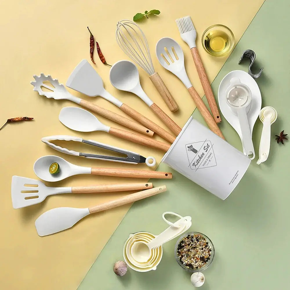 Silicone Kitchen Utensil Set | 34 Piece Collection | Wooden Handles | Black