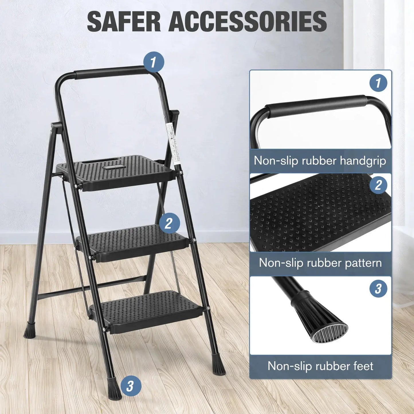 JHK Folding 2/3 Step Ladder Stool with Anti-Slip Pedal 800lbs Capacity Sturdy Steel Portable Cushioned Handle for Kitchen Home from PriceLows™