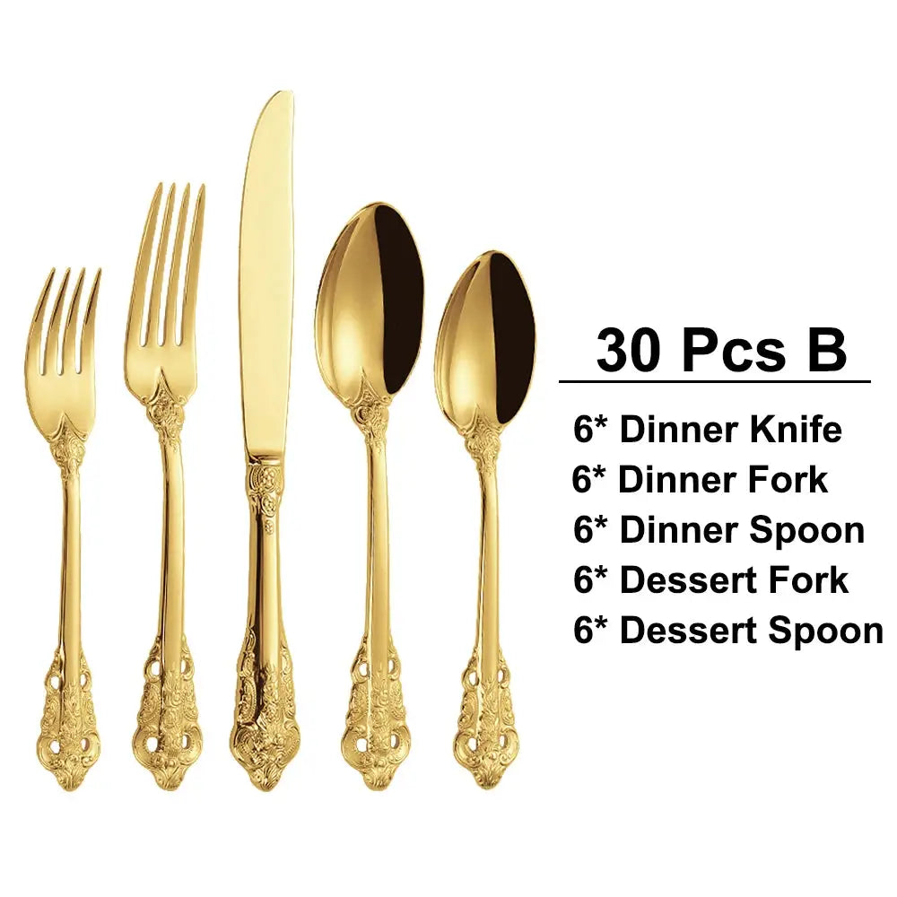 30 Pieces Gold Plated Luxury Cutlery Set Stainless Steel Vintage Western Tableware Sliver Knife Spoon Fork Set Kitchen Utensils from PriceLows™