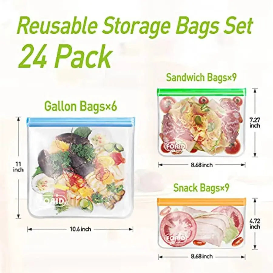 Reusable Food Storage Bags | Silicone Gallon Bags | Leakproof | 24 Pack