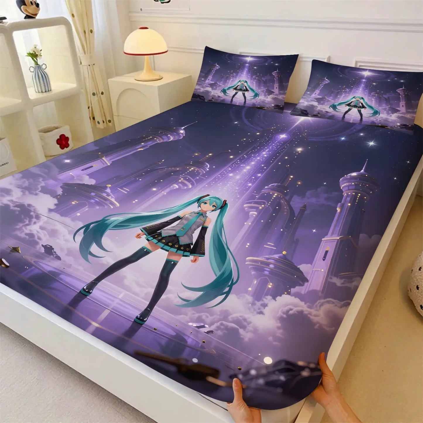 3Pcs Hatsune Miku Fitted Sheet Set with 2 Pillowcases Ink Wash Temple Anime Bedding Set Soft Deep Pocket for Fan Bedroom Decor from PriceLows™
