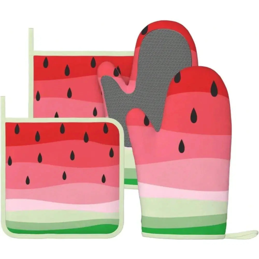 Oven Mitts And Pot Holders Set | Silicone | Watermelon Design | Set Of 4