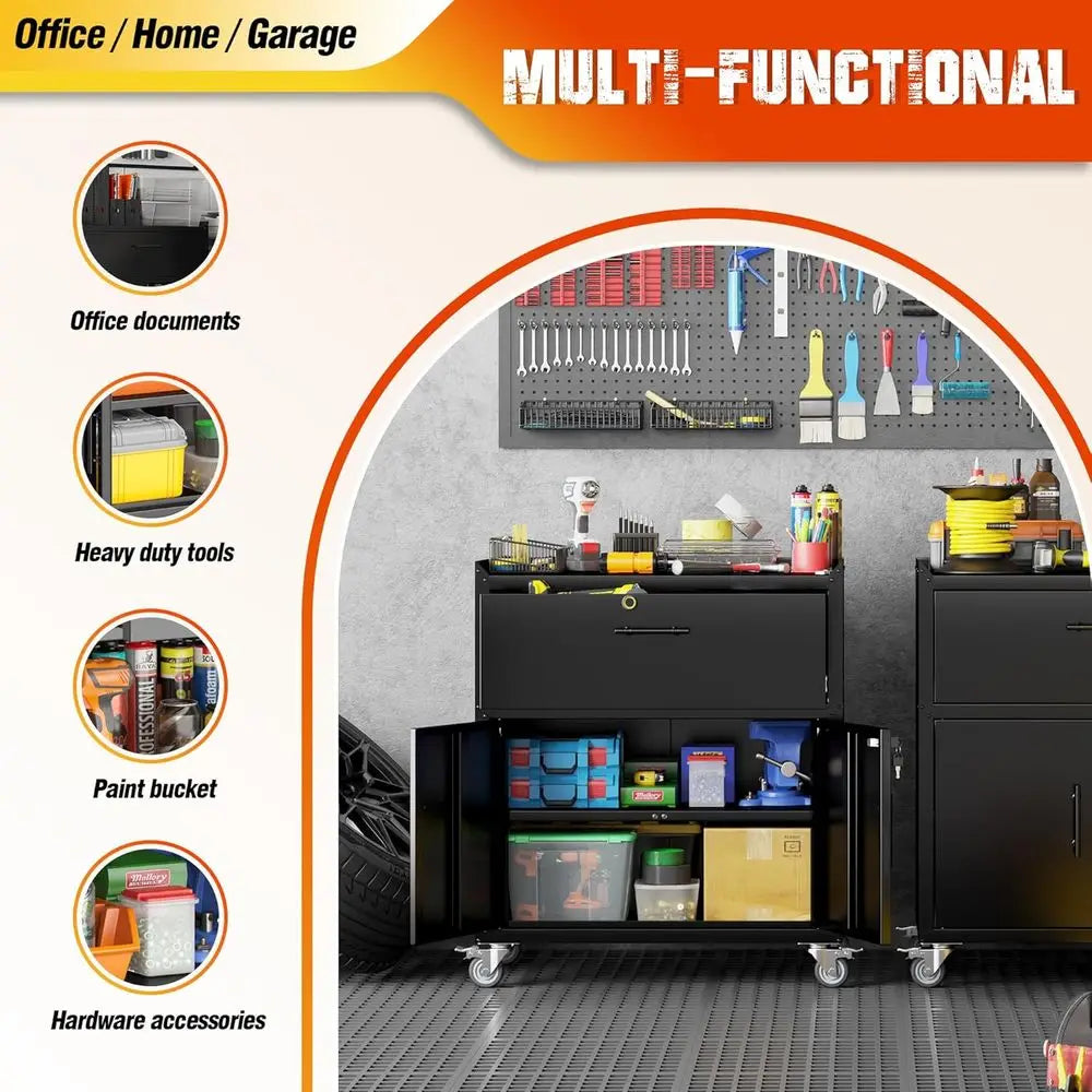 Metal Storage Cabinet with Wheels, 1 Drawer 2 Locking Doors Rolling Tool Chest for Garage, Office, Storeroom, Basement, Black from PriceLows™