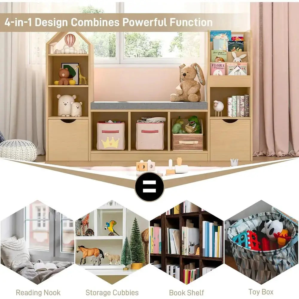 Children's Bookshelf with Reading Nook, Storage Organizer, Seat Cushion, 2 Movable Desks, 7 Storage Cubbies, Suitable for Playro from PriceLows™