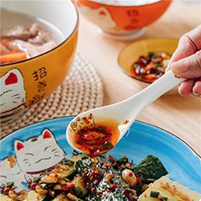 Ceramic Soup Spoon 14cm Japanese White Lucky Cat Bone China Dinnerware Restaurant Household Kitchen Supplies Tableware from PriceLows™