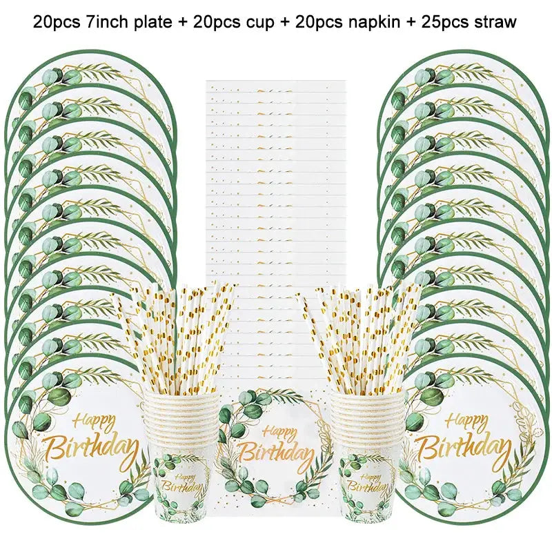 Eucalyptus Leaf Tableware Set | Paper Plate Cups Napkins | Kids And Adults Party Supplies