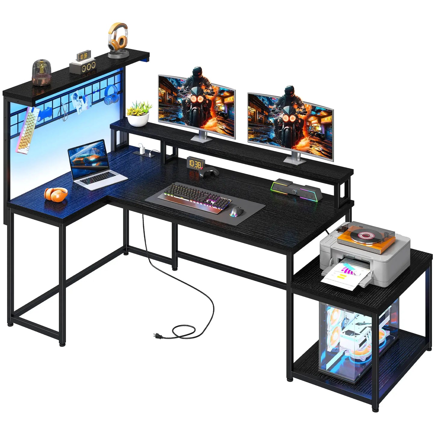 EnHomee 63.5"W L Shaped Gaming Desk with Power Outlets, LED Lights, Monitor Stand & Shelves for Home Office from PriceLows™