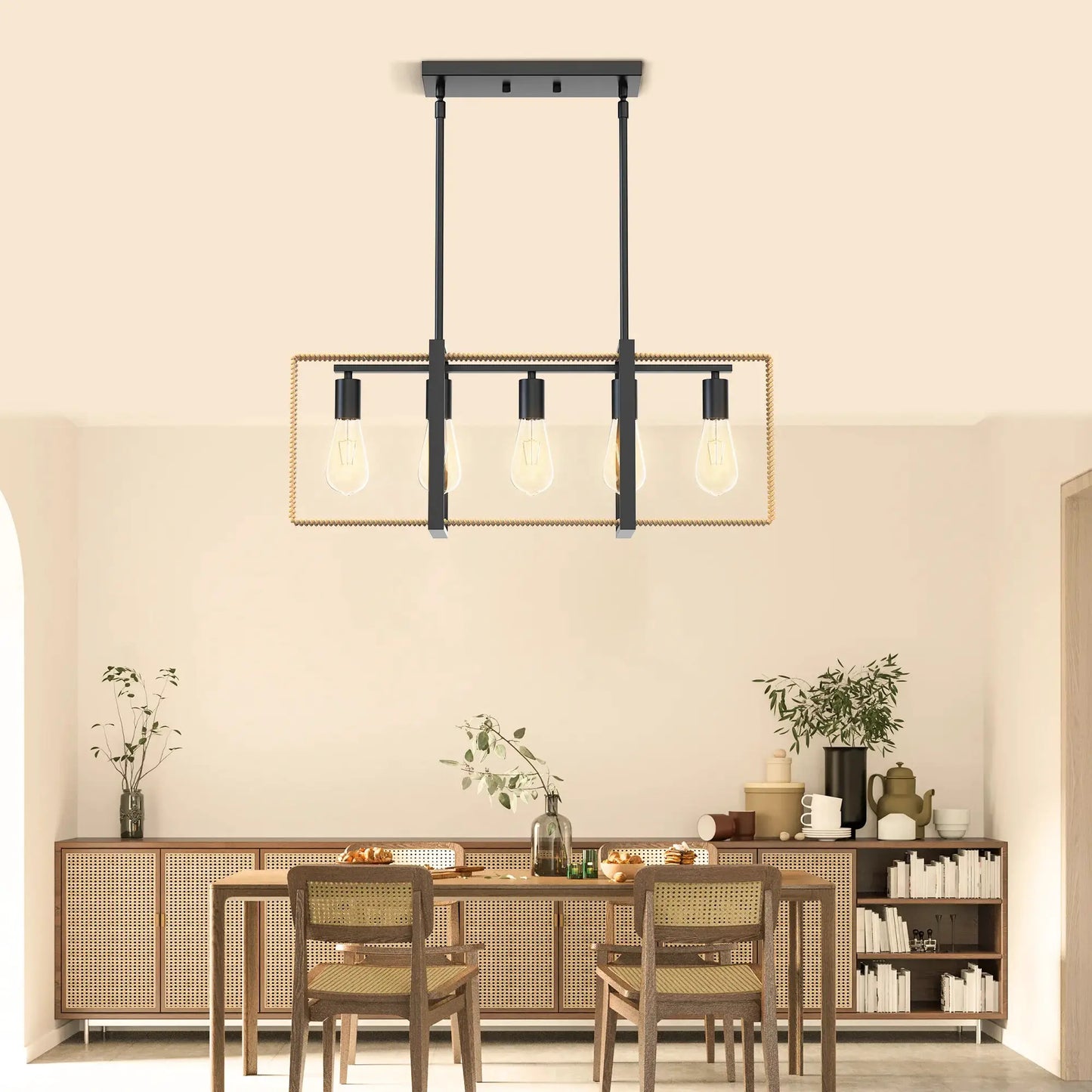 5 Lights Celling Light Fixture Rattan Pendant Height Adjustable Indoor Lighting for Farmhouse Dining Room Kitchen Home Decor from PriceLows™