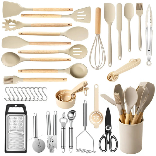 Silicone Wooden Handle 44-Piece Non-Stick Kitchen Utensil Set Food-Grade Heat-Resistant Cookware Set for Kitchen & Baking from PriceLows™