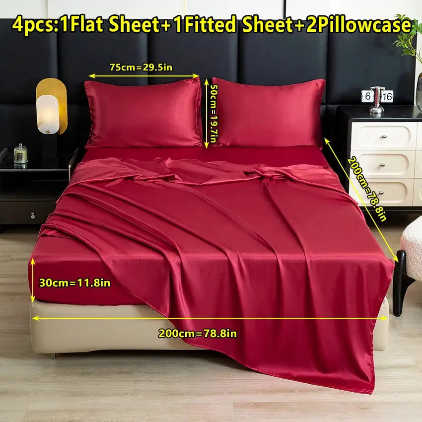 【Mother's Day Gift】4-Piece Set of Solid Color Satin Bed Sheet Set (1 Flat Sheet + 1 Fitted Sheet + 2 Pillowcases), Luxurious and Soft, with a Natural Luster, Skin-Friendly and Breathable Bedding from PriceLows™
