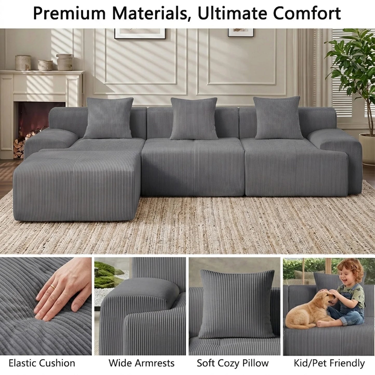 Modular Sectional Sofa | 118 Inch | L Shaped With Movable Ottoman | Beige