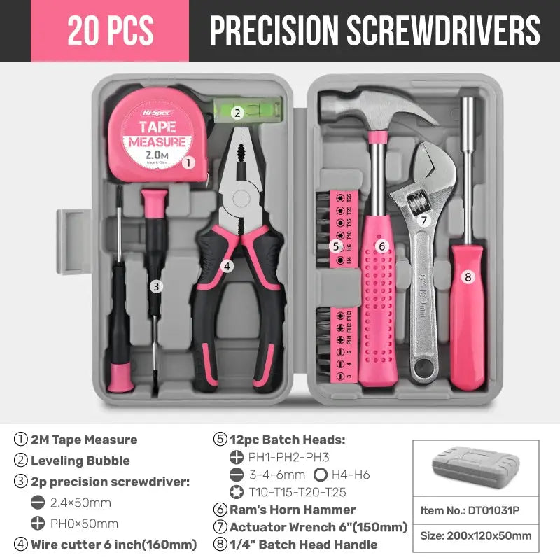 Hi-Spec 18/19/20/39PCS Pink DIY Home Tool Kit With Hammer Wrench Plier Multifunctional tools Hand Tools Set for Women & Car Care from PriceLows™