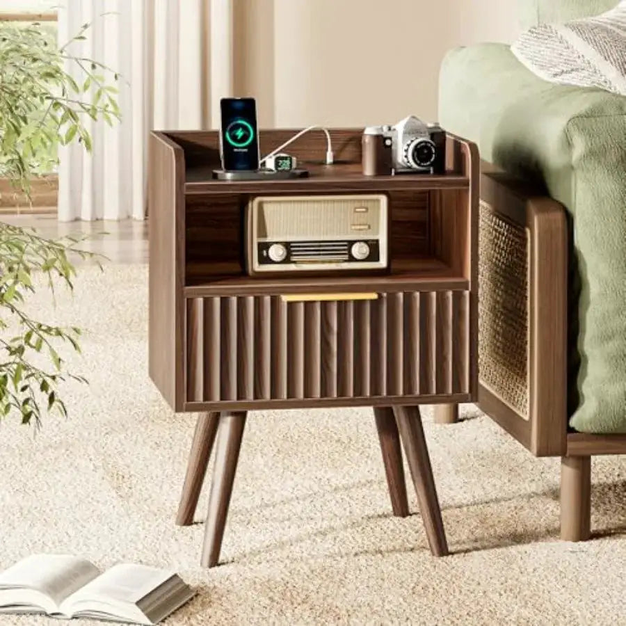 Nightstand with Charging Station, USB-C Port, Fluted Night Stand Set of 2, Bed Side Table with Drawer, Solid Wood Feet, Open St from PriceLows™