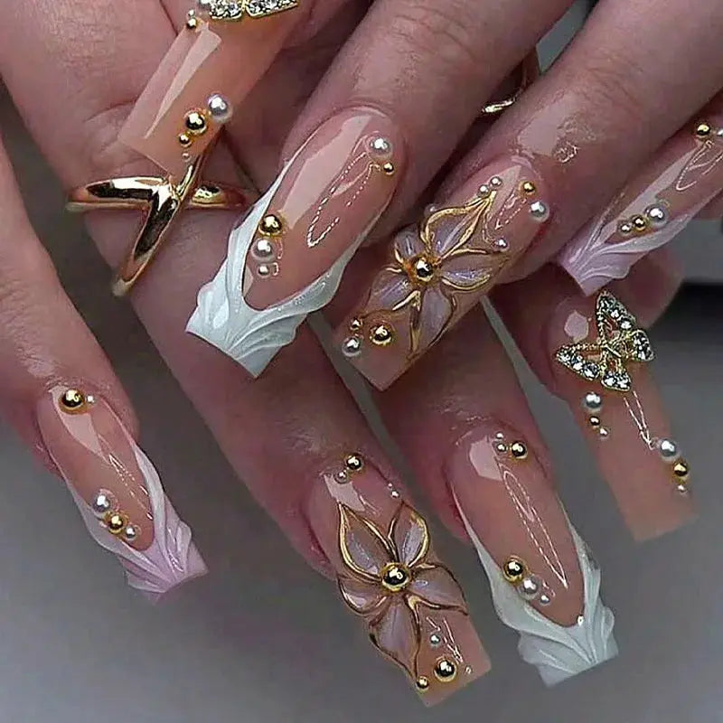Press On Nails | Medium Square | Blush Pink Floral | 24 Pcs M Size