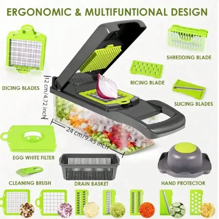 Vegetable Chopper | 16 In 1 With 8 Blades | Shredder Strainer Container