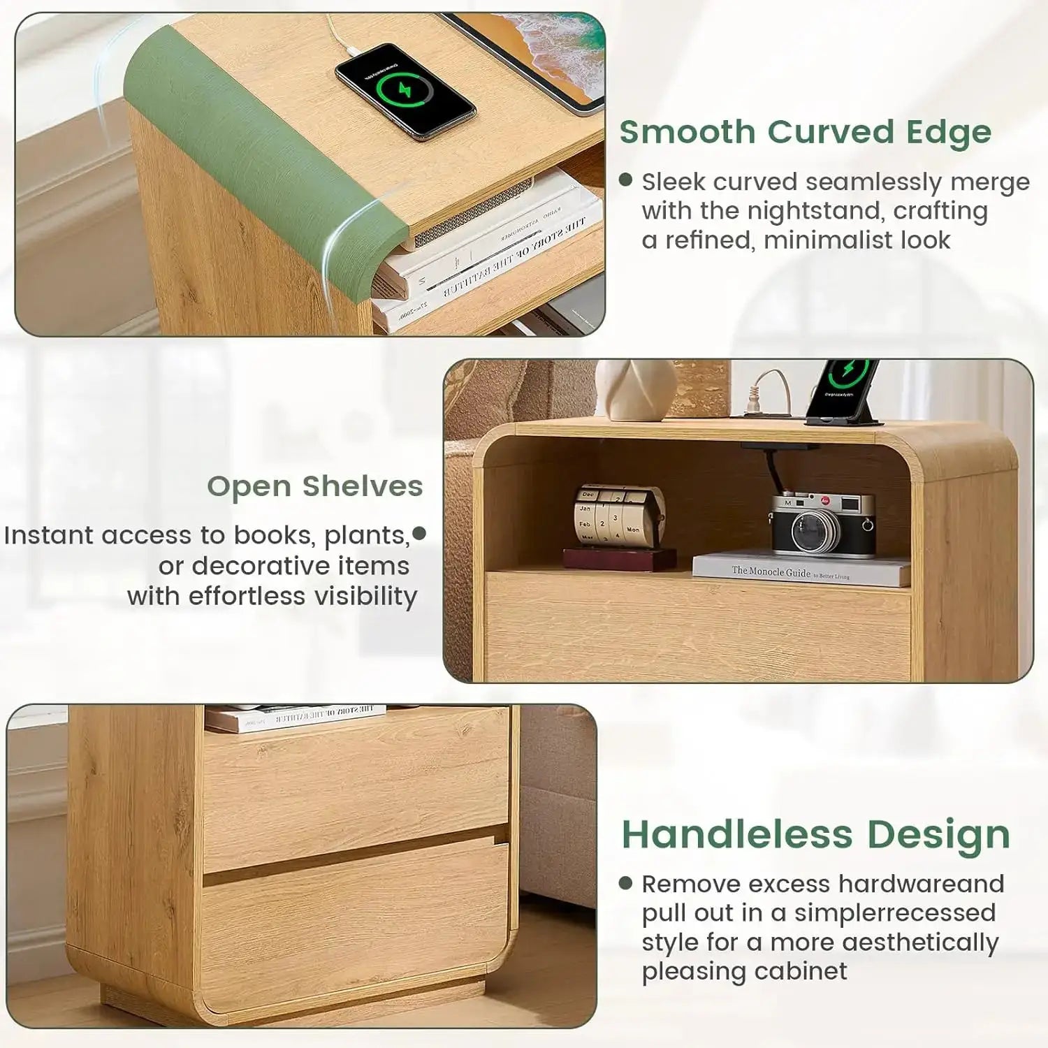 Curved Night Stand Set of 2, 23.2" Large Wood Farmhouse Nightstand with Charging Station & 2 Storage Drawers Bedside Table, Modern End Table for Bedroom, Living Room, Natural from PriceLows™