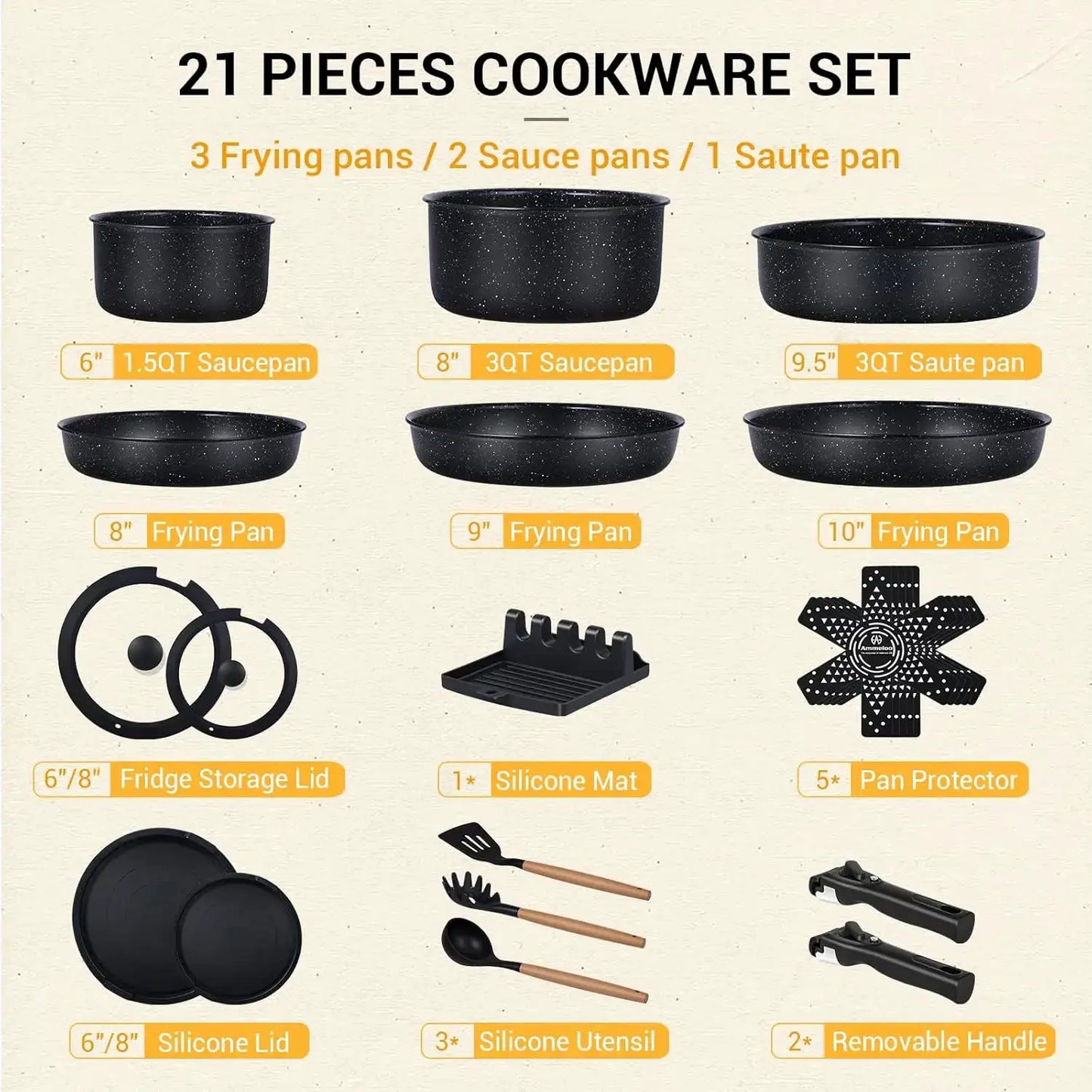 21-Piece Nonstick Pots and Pans Set, Ceramic Kitchen Cookware with Detachable Handle, Induction Ready, Dishwasher & Oven Safe, Black from PriceLows™