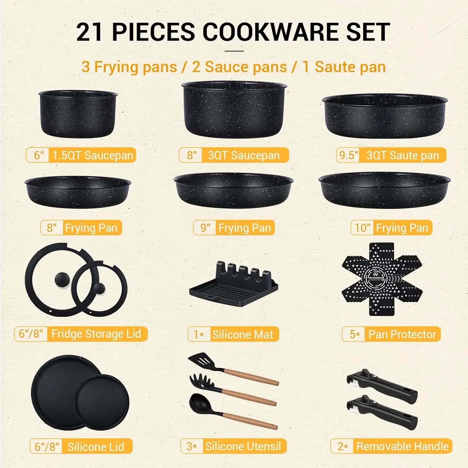 21-Piece Nonstick Pots and Pans Set, Ceramic Kitchen Cookware with Detachable Handle, Induction Ready, Dishwasher & Oven Safe, Black from PriceLows™