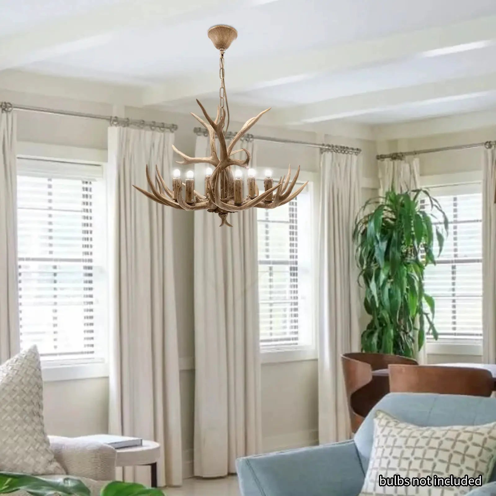 6-Light Antler Chandelier, Rustic Resin and Iron Ceiling Light with 3.28FT Chain, for Living Room Bedroom, E12 Bulb Base (Brown) from PriceLows™