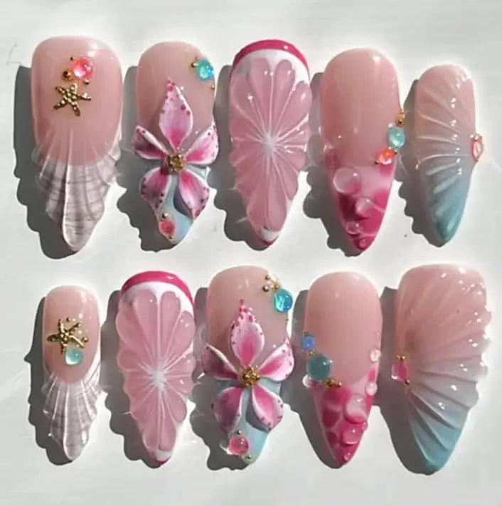 Almond Press On Nails | Acrylic Finish | Pearl Flower Design | 24 Piece Set