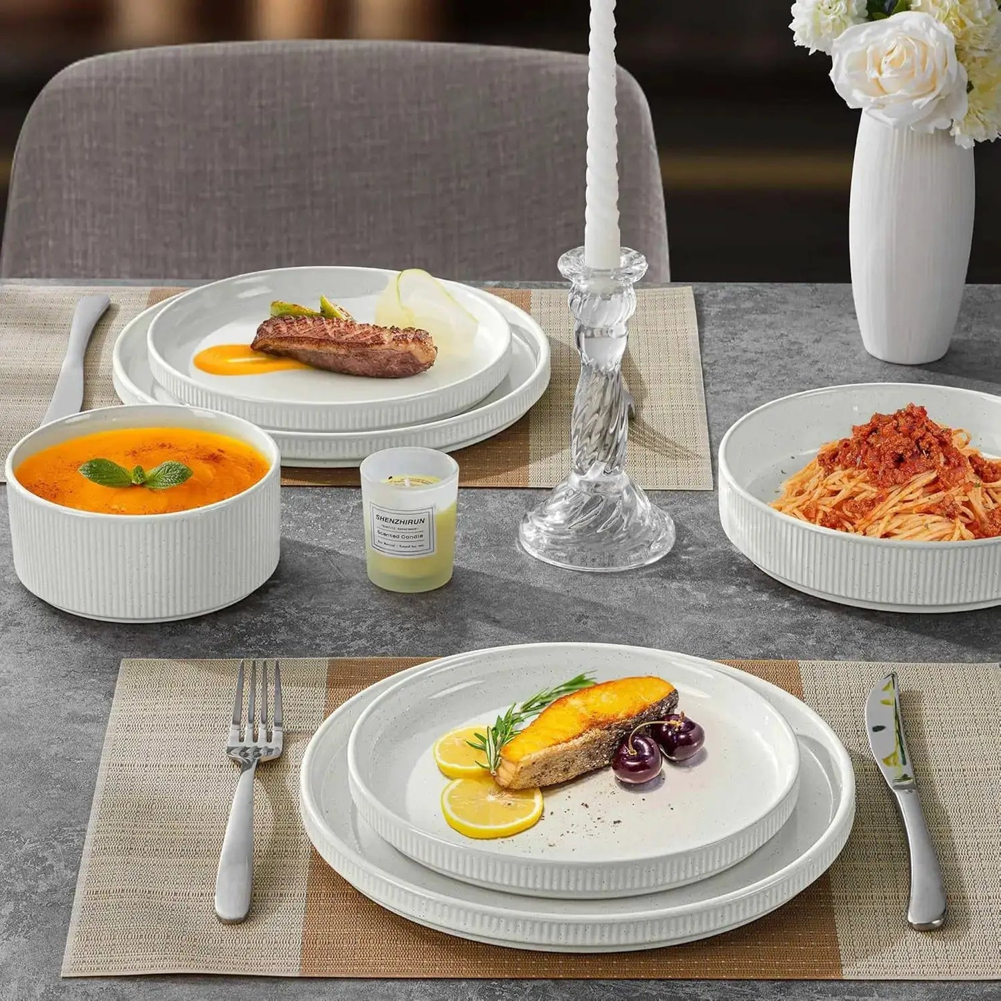 Dinnerware Sets with Pasta Bowls for 4, 16 Piece Stoneware Plates and Bowls Set, Speckled White from PriceLows™