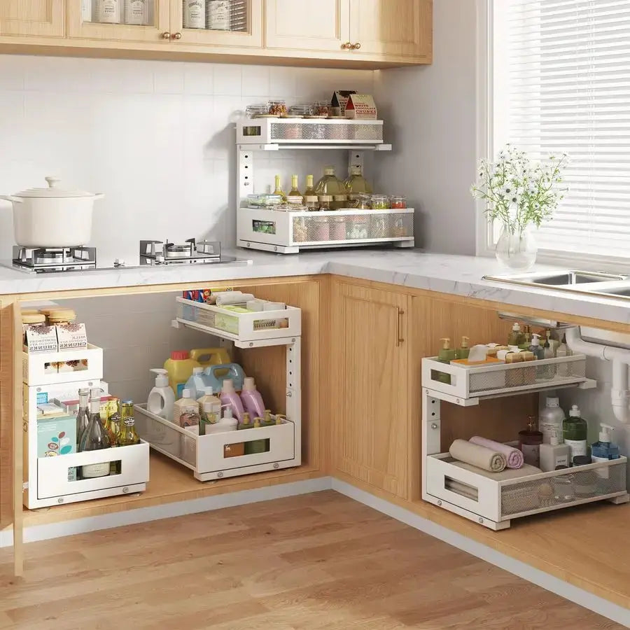Under Sink Storage Organizer, Large 2Tier Elegant Mesh Pull Out Shelf for Kitchen and Bathroom Cabinet Organization, LShaped and from PriceLows™