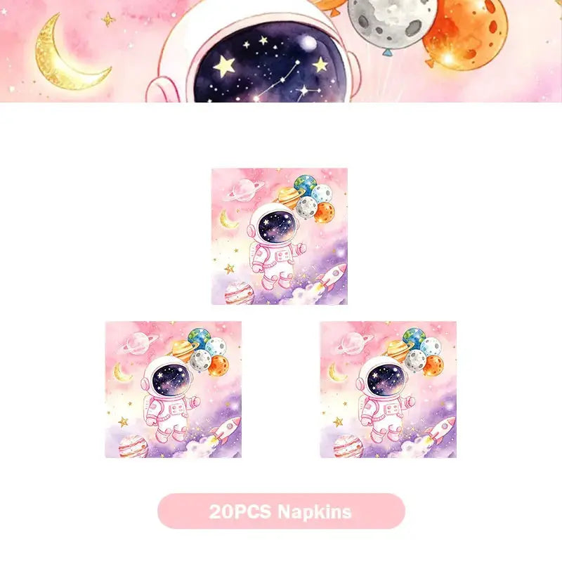 Astronaut Birthday Party Decoration Set | Pink Space | Banner Plate Cups | 61 Pcs