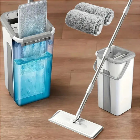 Hands-Free Flat Mop & Bucket Set with 4 Reusable Microfiber Pads, 360° Swivel, Long Handle for Floor & Wall Cleaning from PriceLows™