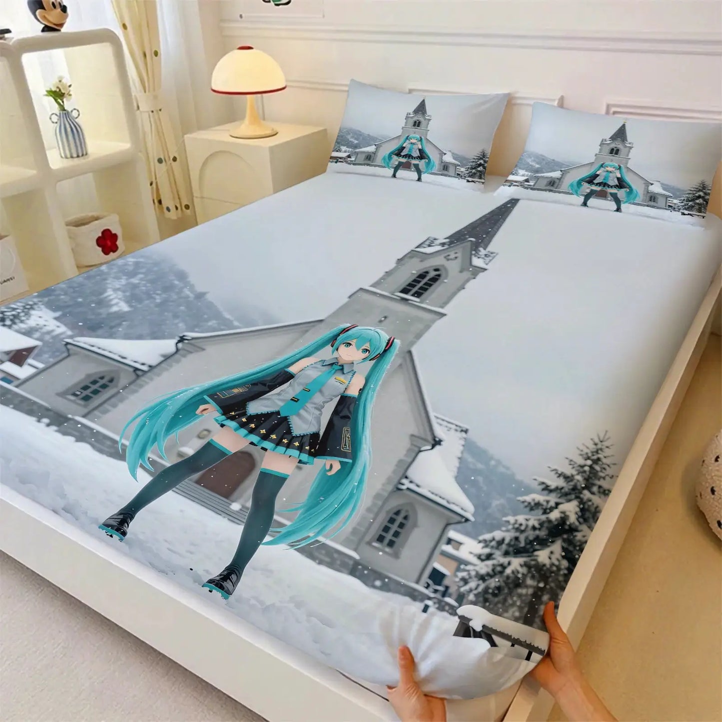 3Pcs Hatsune Miku Fitted Sheet Set with 2 Pillowcases Ice Palace Anime Bedding Set Soft Deep Pocket for Fan & Teen Bedroom Decor from PriceLows™