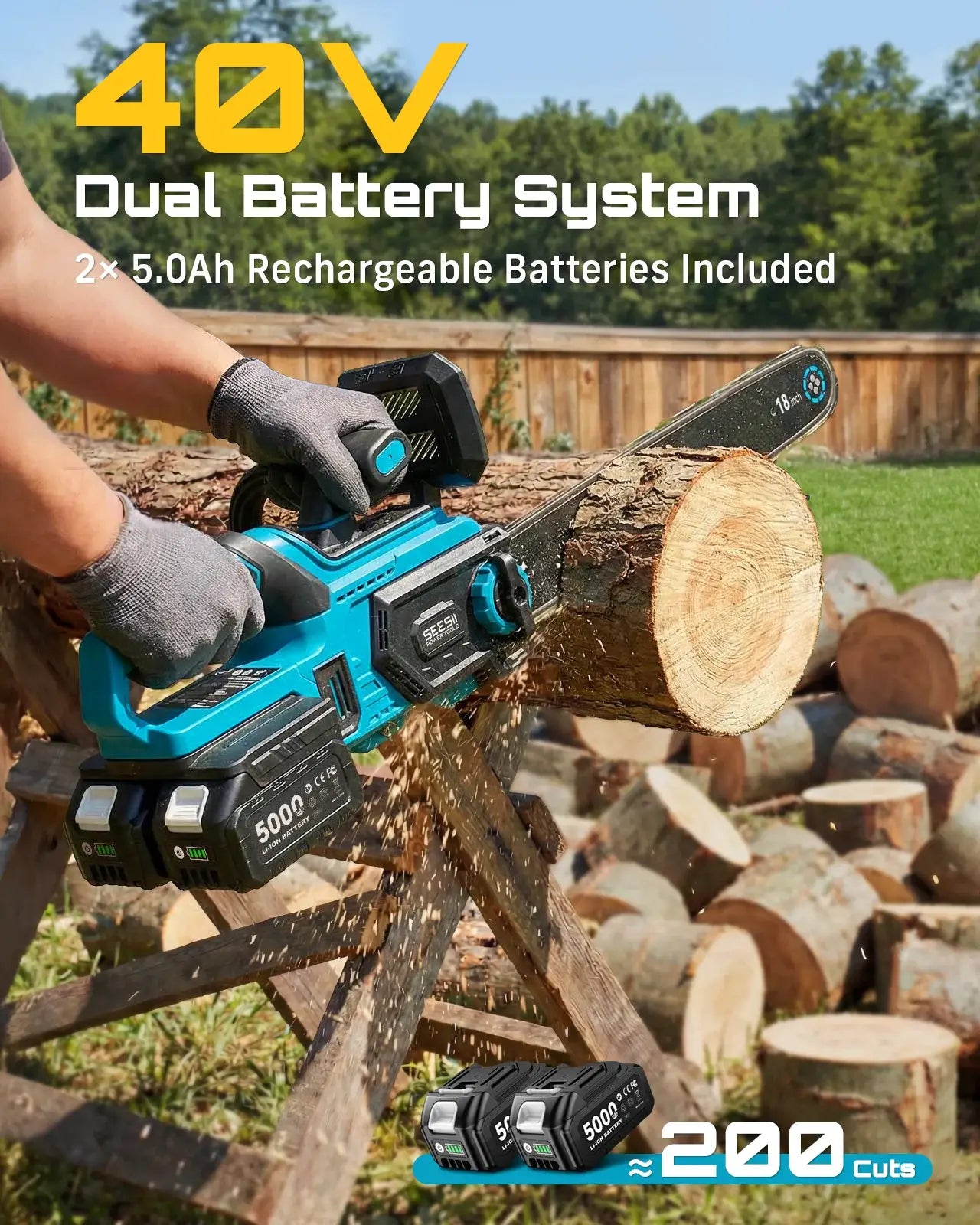 Seesii 40V 18Inch Cordless Electric Saw 2200W Brushless Chainsaw With Automatic Oiler Garden Woodworking Cutting Tool For Makita 18v Battery pin from PriceLows™