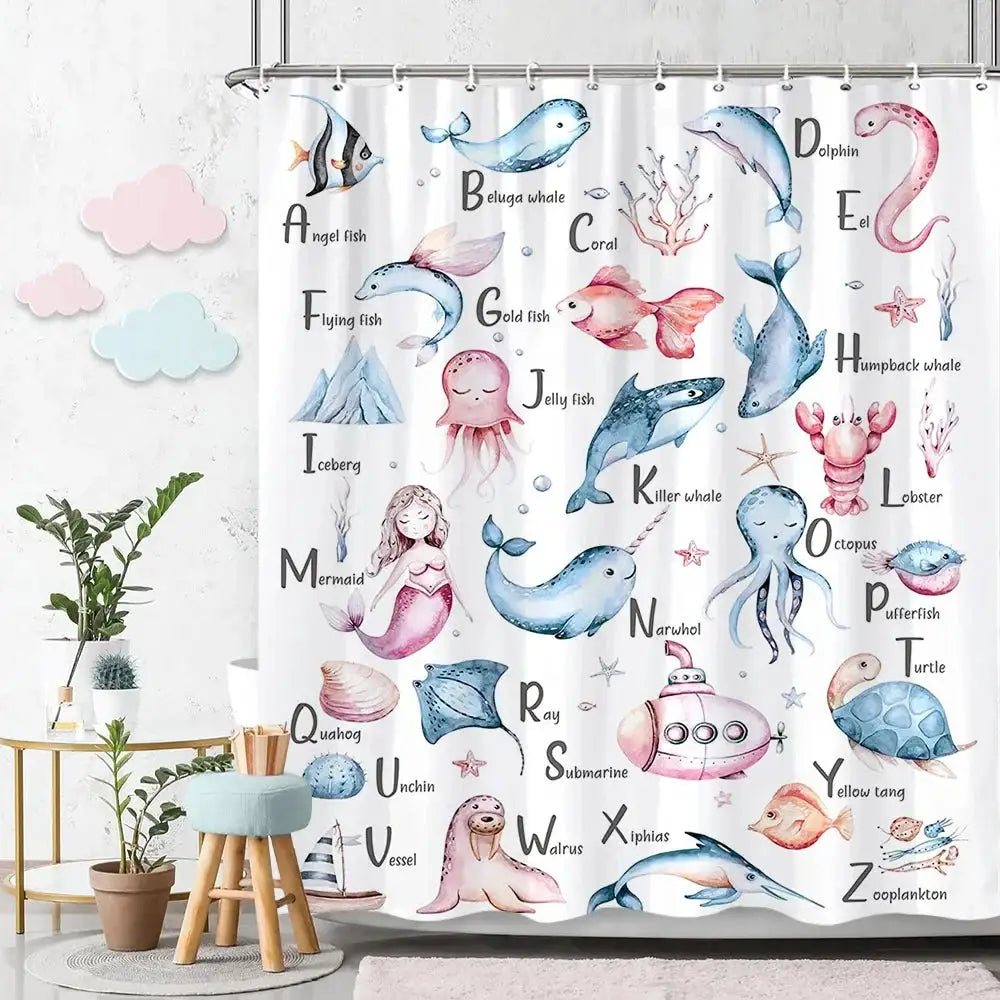 Cartoon Animal Alphabet Shower Curtain Kids ABC Educational Learning Tools Baby Girls Boys Colourful Bath Curtain Bathroom Decor from PriceLows™