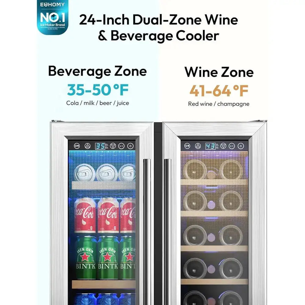 24 Dual Zone Wine & Beverage Cooler, Holds 21 Bottles + 88 Cans, Under-Counter Design with Blue LED Light from PriceLows™