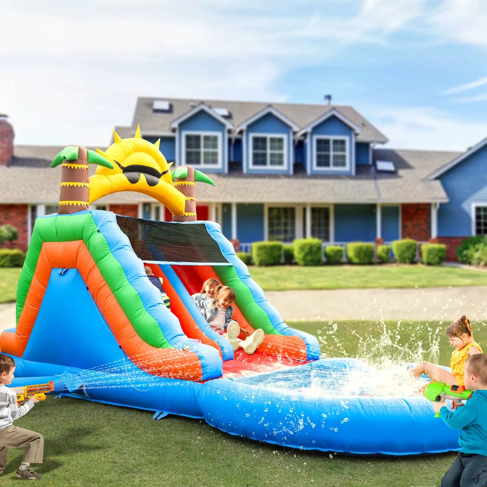 Inflatable water slide, Commercial Bounce House with Water Slide PVC and a 950W Air blower Children's playground bubble pool from PriceLows™
