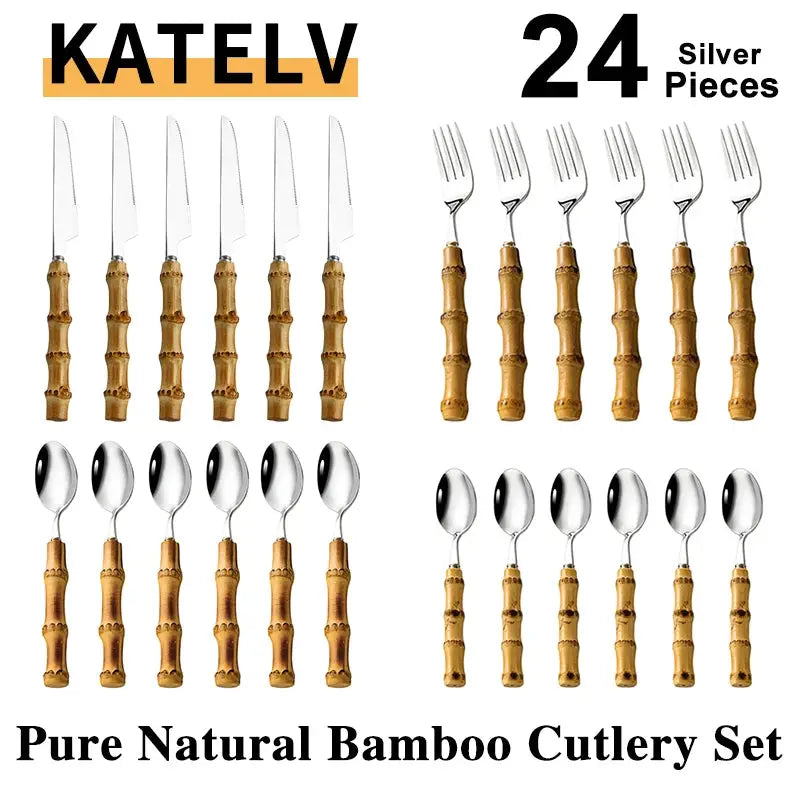 24Pcs Dinnerware Sets Original Nature Bamboo Handle Cutlery Stainless Steel Knife Fork Spoon Purely Natural Bamboo Tableware Set from PriceLows™