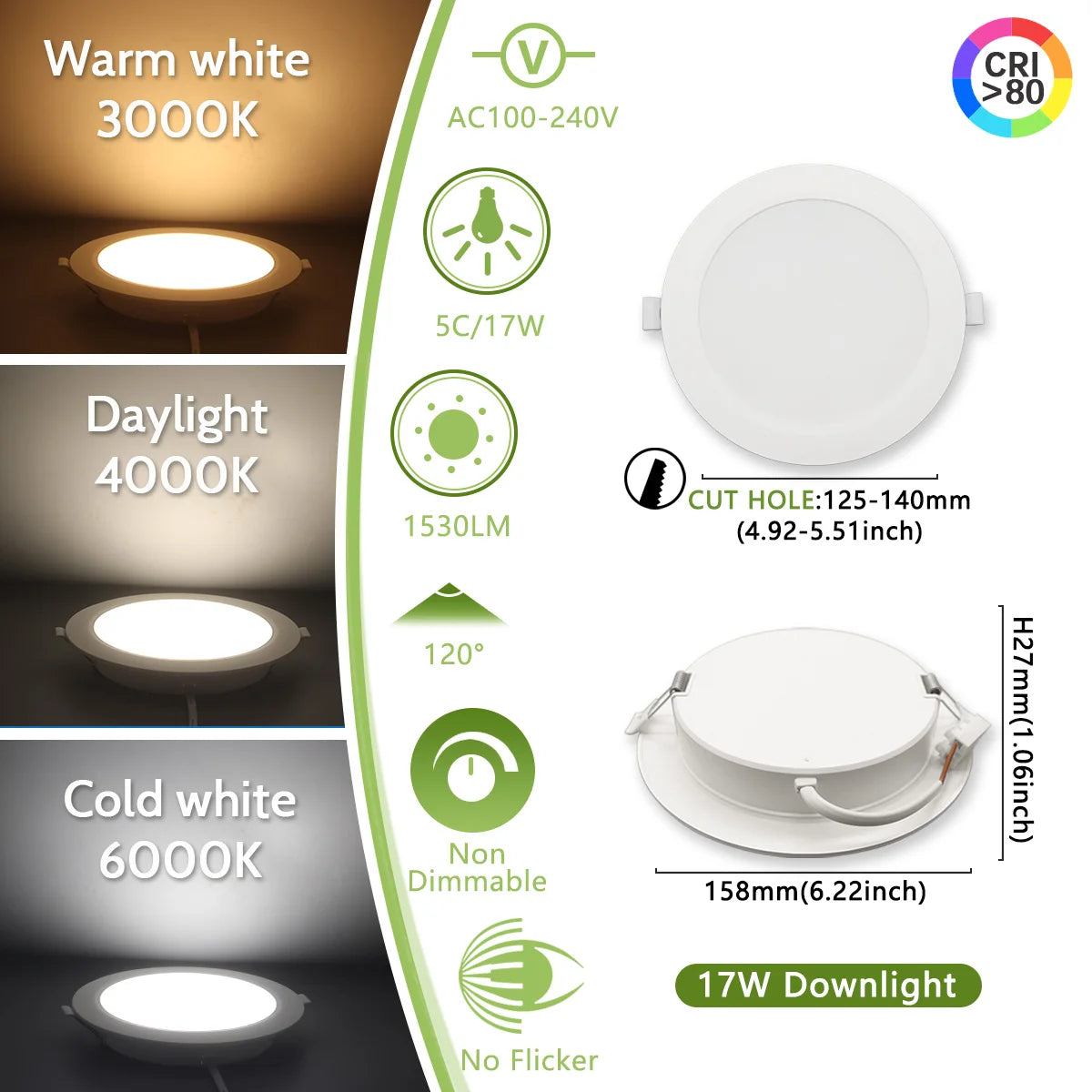 Led Downlight | Three Color Temperature | 6W-24W Power Range | 10-Pack