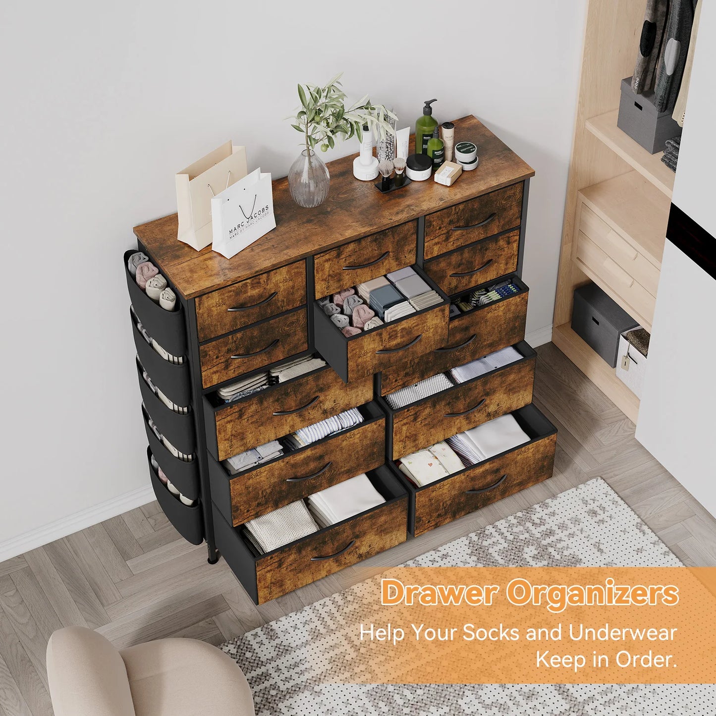 Dresser | 12-Drawer | Fabric Storage Cabinet | Metal Frame With Wood Top