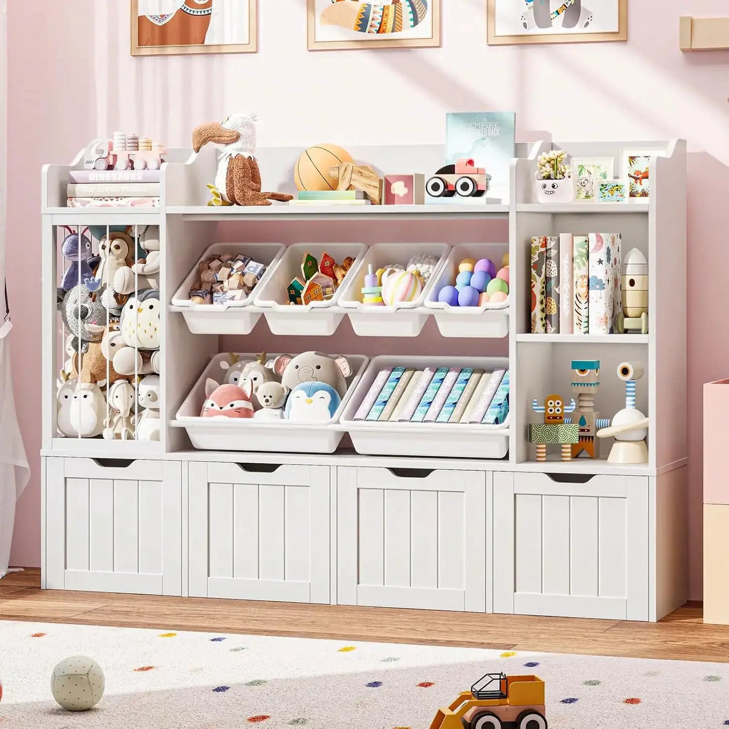 Kids Toy Organizer with 3 Movable Drawers, Multi-Functional Storage Cabinet Bookcase with 6 Toy Bins for Room, White from PriceLows™