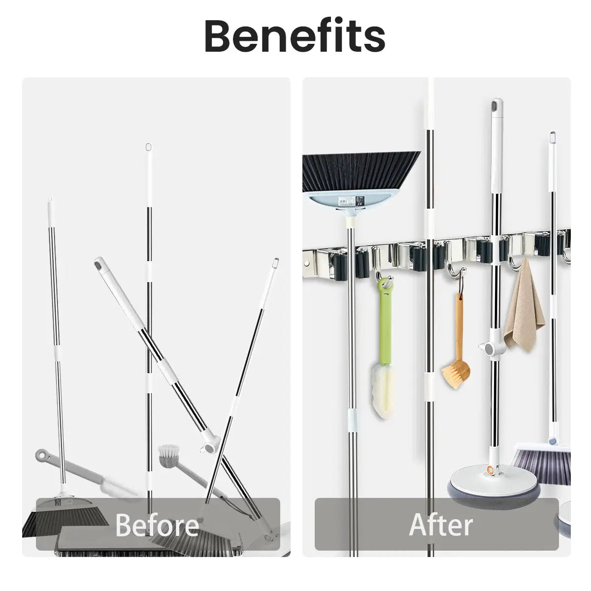4-Hook Adhesive Broom Mop Organizer Stainless Steel Wall-Mounted Non-Slip Rack Storage Solution for Home Kitchen Garden Laundry from PriceLows™