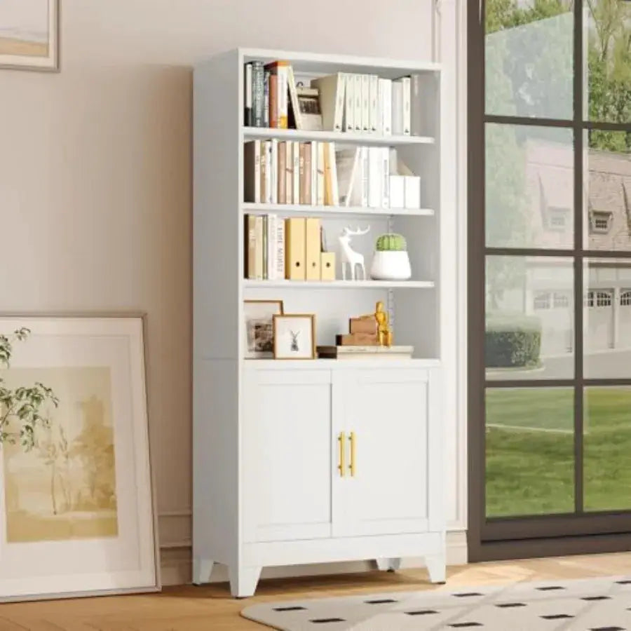 71 H Tall Metal Bookcases with 2 Doors and Adjustable Shelves Industrial 6-Tier Open Display Shelf in Black Space-Saving Storag from PriceLows™