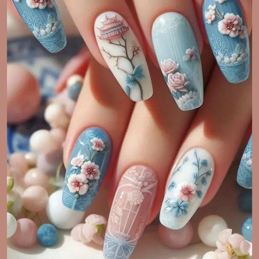 Short Almond Press On Nails | Pink Floral French | Reusable Full Cover | 24 Pcs