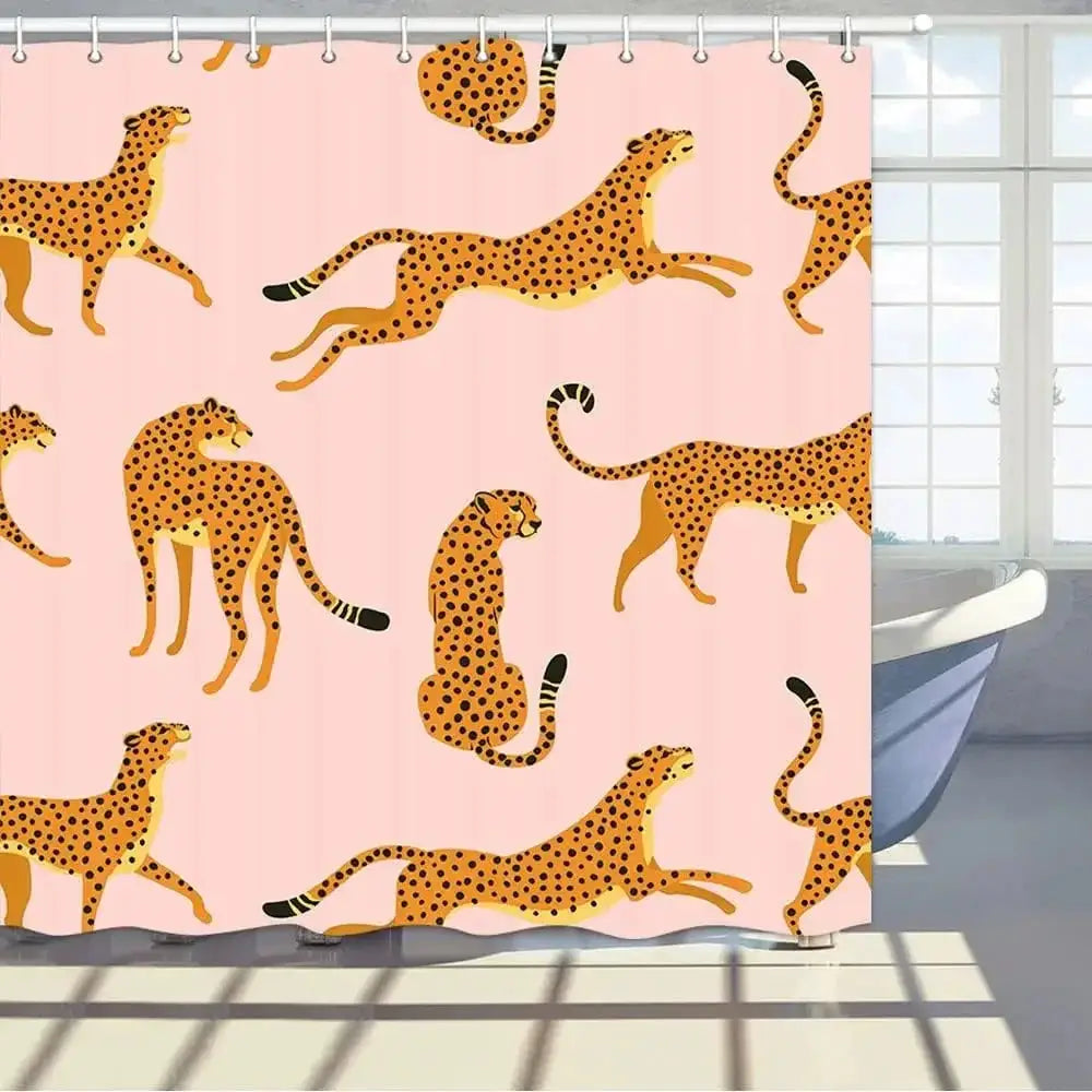 leopard fabric shower curtain, tropical animal cheetah shower curtain for bathroom, pink with hook 180X180CM from PriceLows™