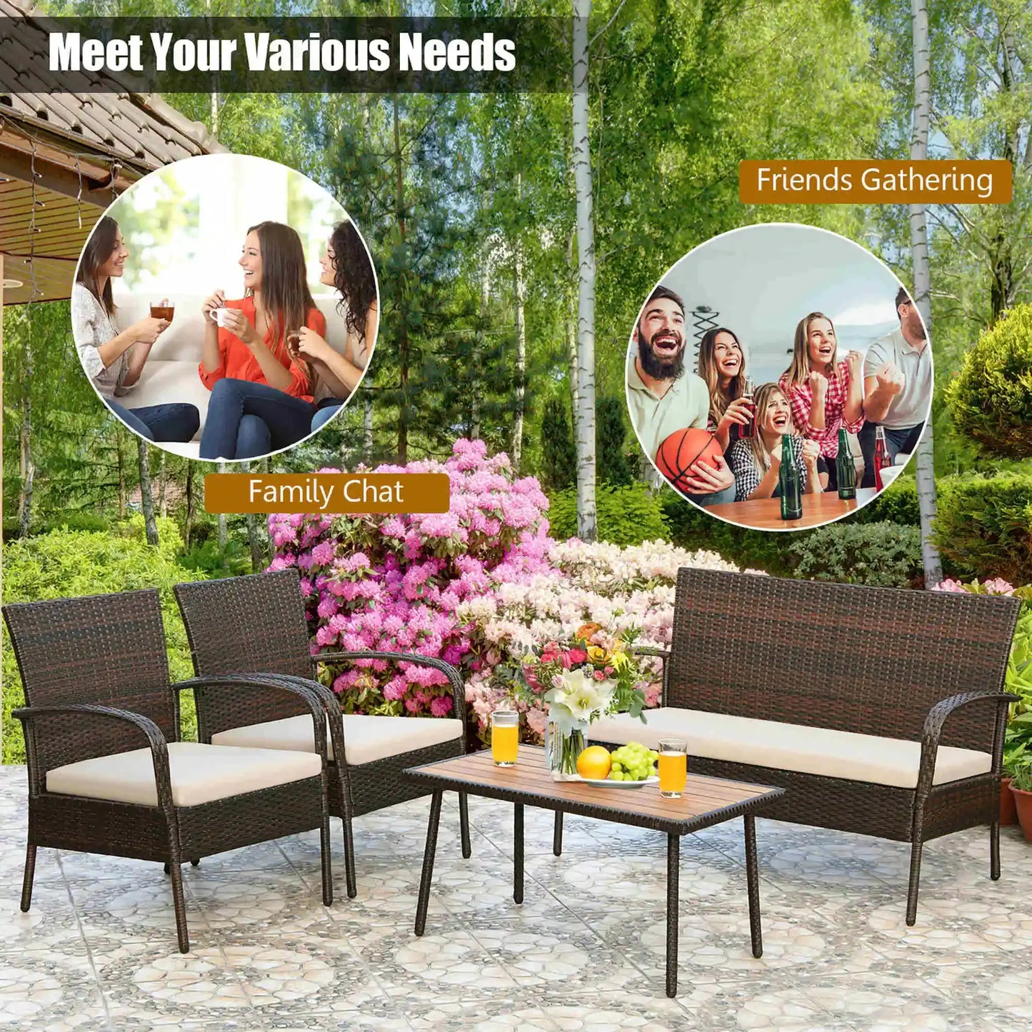 4PCS Patio Rattan Furniture Set Outdoor Conversation Set Coffee Table w/Cushions from PriceLows™