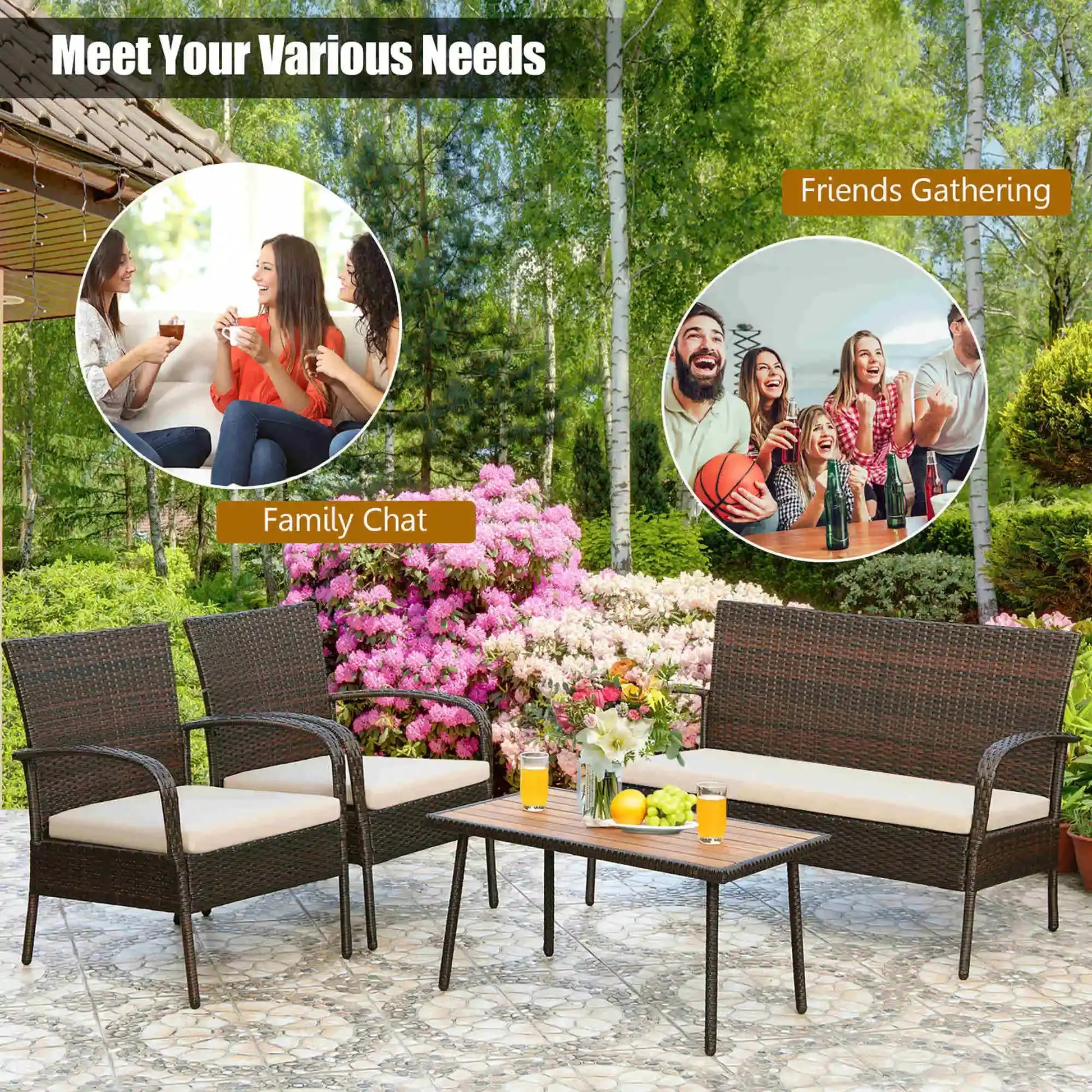 4PCS Patio Rattan Furniture Set Outdoor Conversation Set Coffee Table w/Cushions from PriceLows™