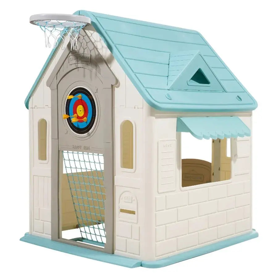 Outdoor Playhouse 5-In-1 Cottage Play House with Pretend Play Basketball Darts Soccer Ring Toss Window Convenient Door Toddler from PriceLows™