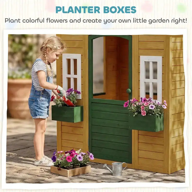 Qaba Outdoor Playhouse, Wooden Kids Playhouse with Door, 3 Windows, 2 Flower Boxes for Garden, Indoor Playroom, Ages 3–8 from PriceLows™