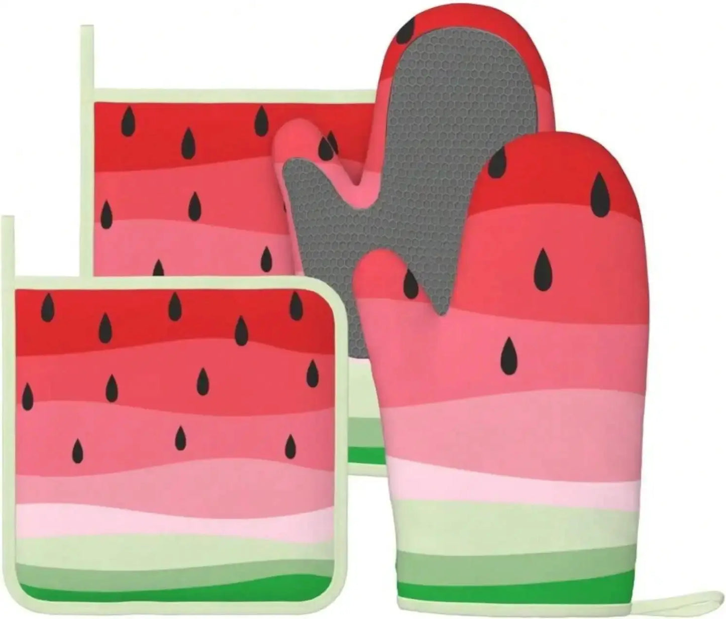 Oven Mitts And Pot Holders Set | Silicone | Watermelon Design | Set Of 4