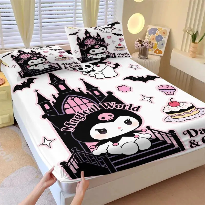 Sanrio Kuromi Magical Castle Fitted Sheet Set Cute Dark Anime Bed Sheet Pillowcases Girl Bedroom Soft Cartoon Mattress Protector from PriceLows™